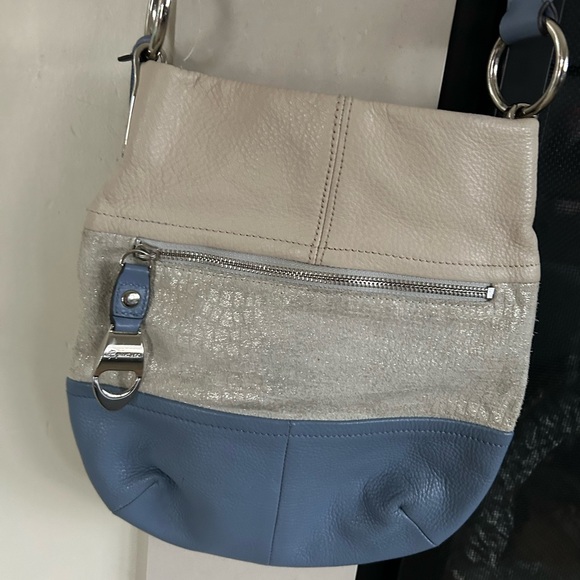 ▶️ B Makowsky Colorblock Leather Crossbody Bag Cream Silver Blue EXCELLENT - Picture 4 of 16